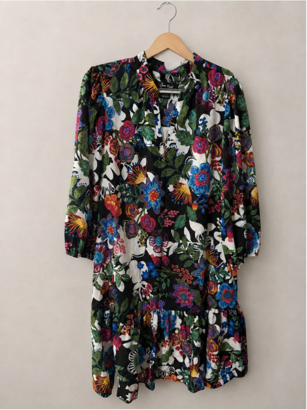 Jessica Howard Women’s Size 14 Black Multicolor Floral Ruffle Hem Dress